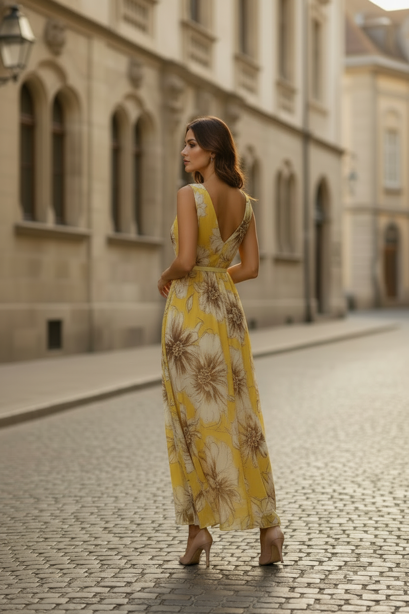 Sol - Maxi vestido floral en chifón amarillo