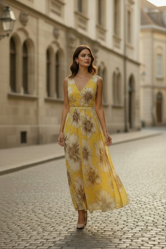 Sol - Maxi vestido floral en chifón amarillo