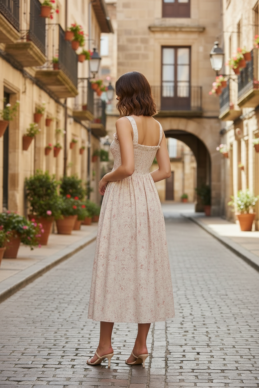 Maya - Vestido midi con estampado floral y fruncido