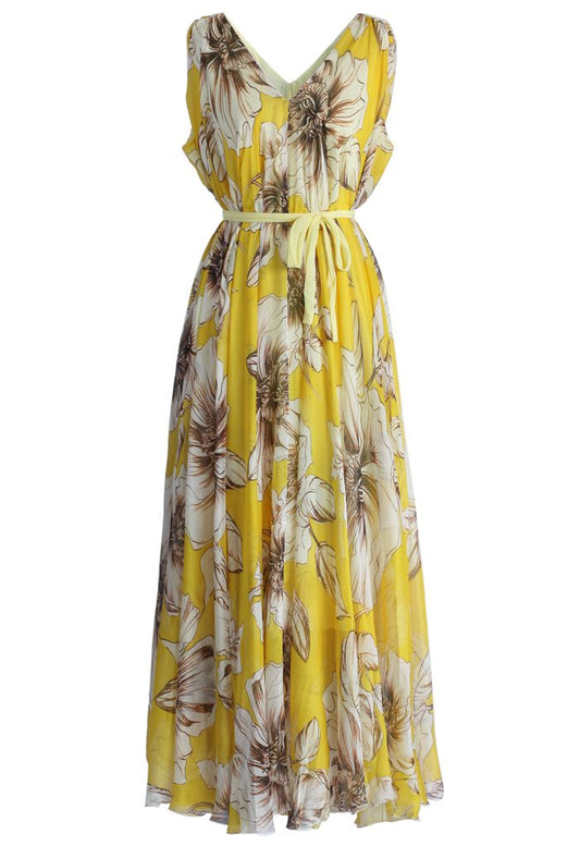 Sol - Maxi vestido floral en chifón amarillo