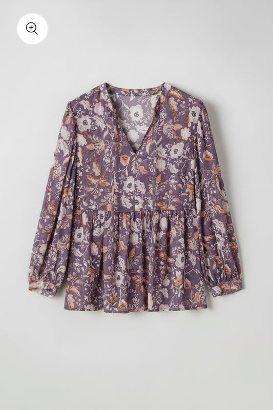 Noemi - Blusa babydoll azul con estampado floral bohemio y mangas tres cuartos