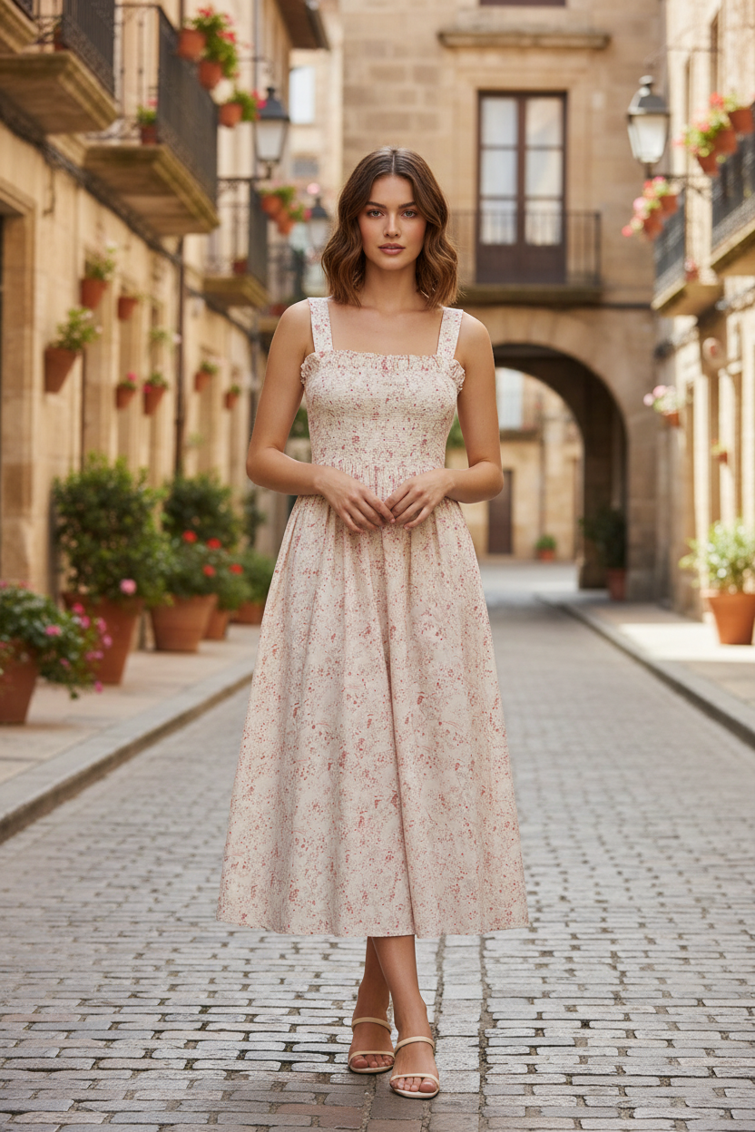 Maya - Vestido midi con estampado floral y fruncido