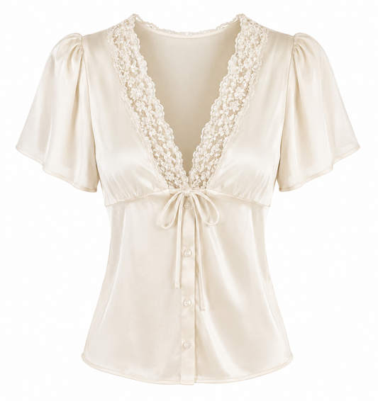 Sara - Blusa lisa manga corta de satén con botones ajustados